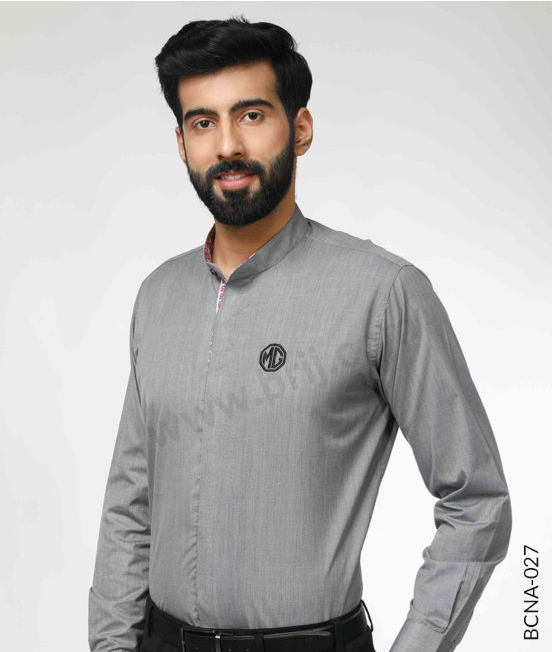 Grey Formal Shirt with Mandarin Collar