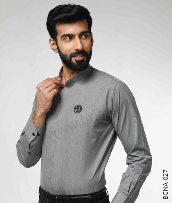 Grey Formal Shirt with Mandarin Collar