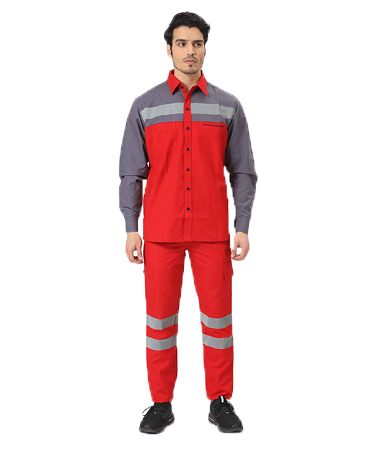 Red & grey colourblocked Werkwear Set with reflective tapes